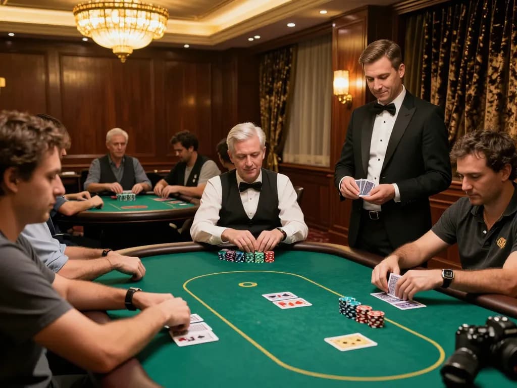Players engaged in an intense game of poker at tg88's upscale casino, showcasing strategic gameplay and excitement.