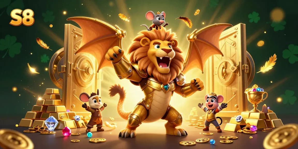 S8 joyfully experiences a triumphant victory at a vibrant, atmospheric online casino scene.
