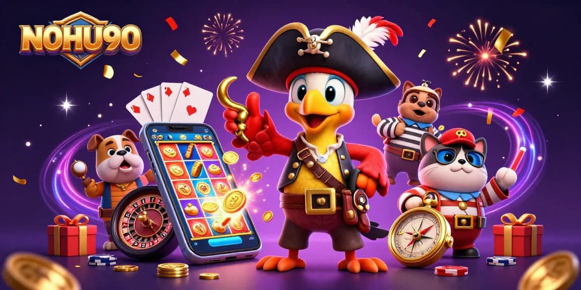 Experience thrilling games at NOHU90 with colorful slot games, coins, and engaging characters.