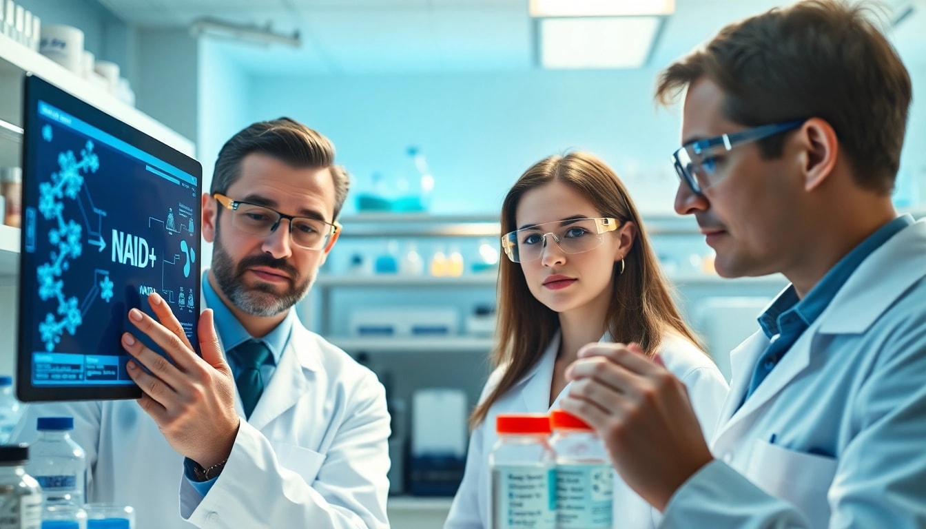 NAD+ research in a professional lab setting with scientists analyzing molecular structures.
