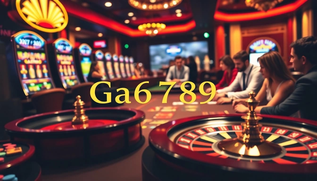 Engaging scene depicting Ga6789 online gambling with poker, roulette, and slot machines.