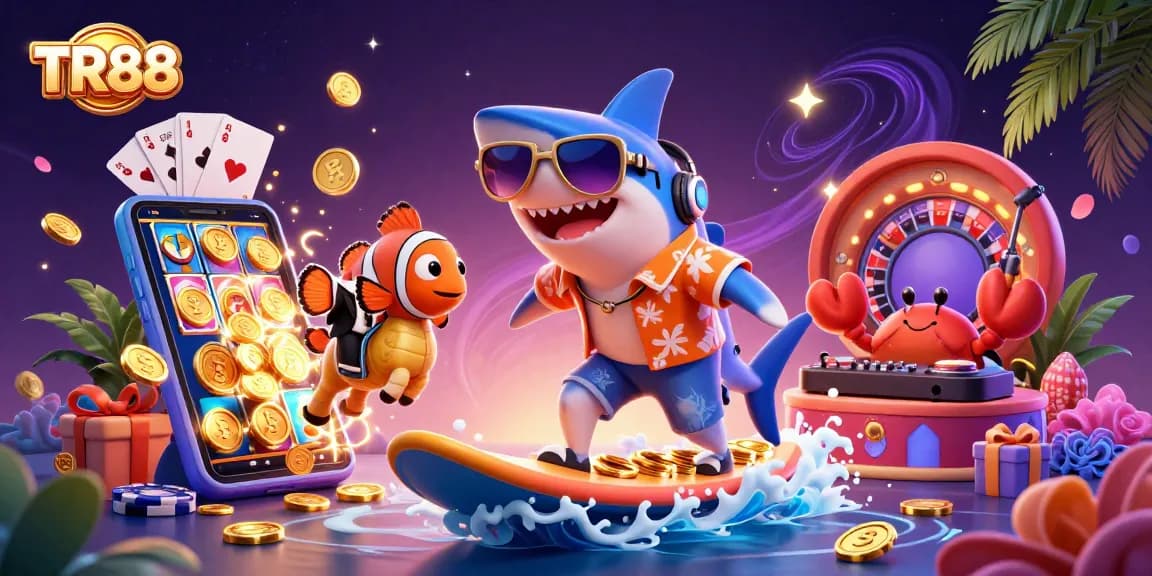 Experience thrill at TR88 with a shark surfing on gold coins alongside a clownfish and crab DJ, capturing the essence of online gaming.