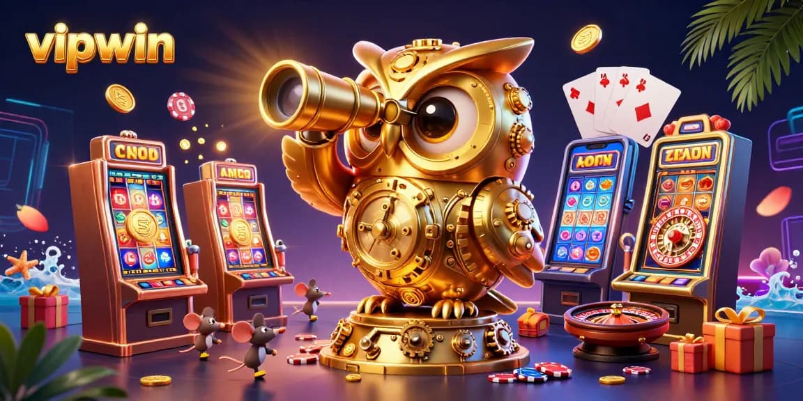 Experience thrilling wins with vipwin in this vibrant casino atmosphere, featuring a golden owl and dynamic slot action.