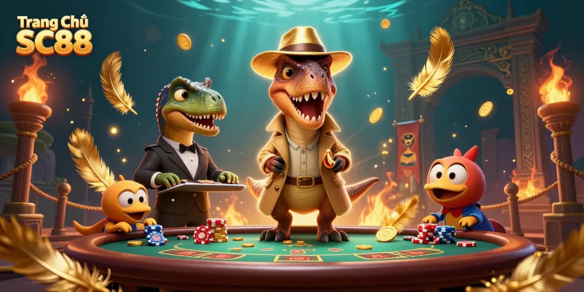 Engage with the thrilling ecosystem of Trang Chủ SC88, where a clever velociraptor navigates the blackjack table amidst captivating gaming elements.