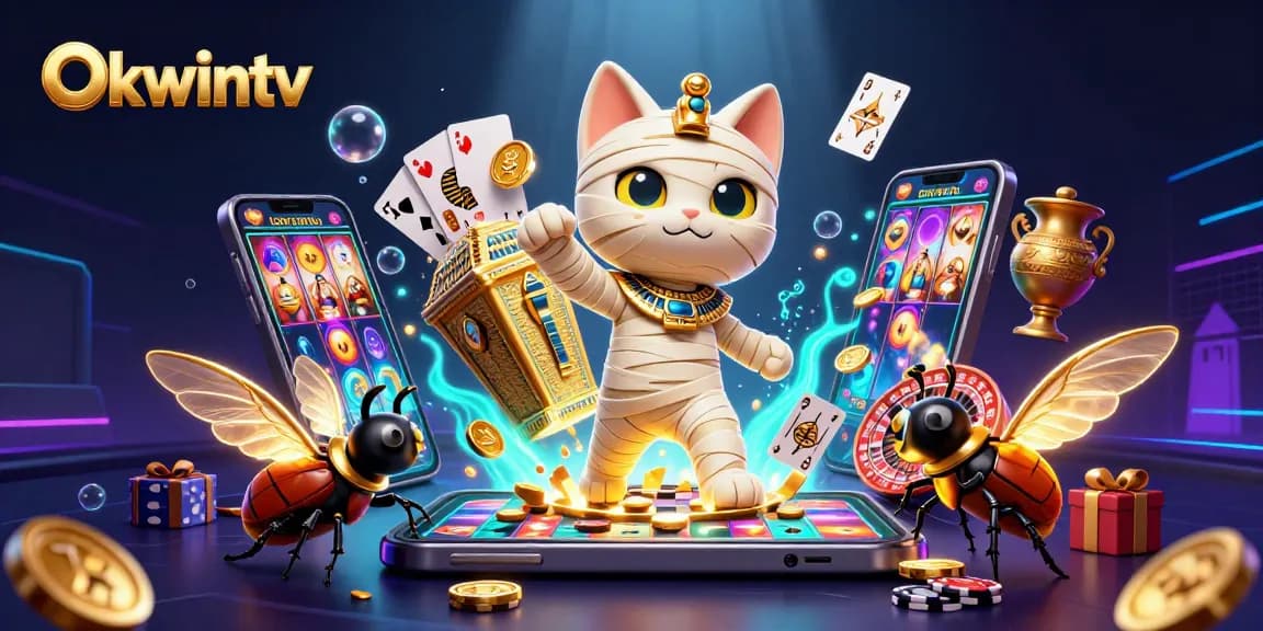 Engage with Okwintv's dynamic entertainment featuring a playful mummy cat and a glowing scarab in a vibrant casino scene.