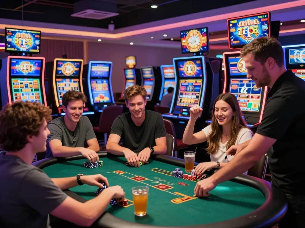 C168 online gambling scene with friends celebrating a jackpot at a colorful casino slot machine, showcasing excitement and community.