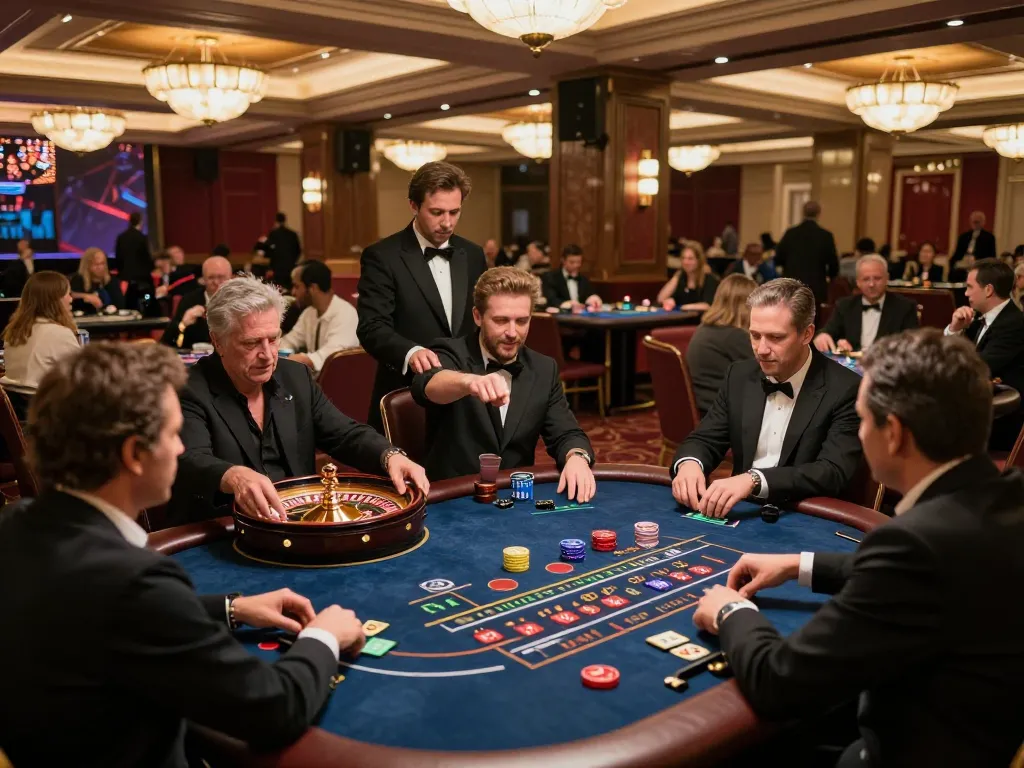 GO8 CAPITAL players intensely engaging in a high-stakes poker game at a luxurious casino