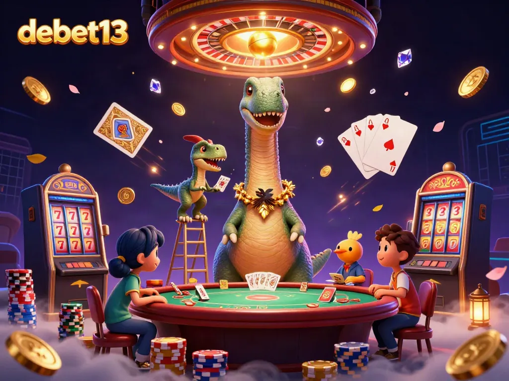 Experience the excitement at debet13 with a vibrant casino scene featuring unique characters and thrilling game elements.