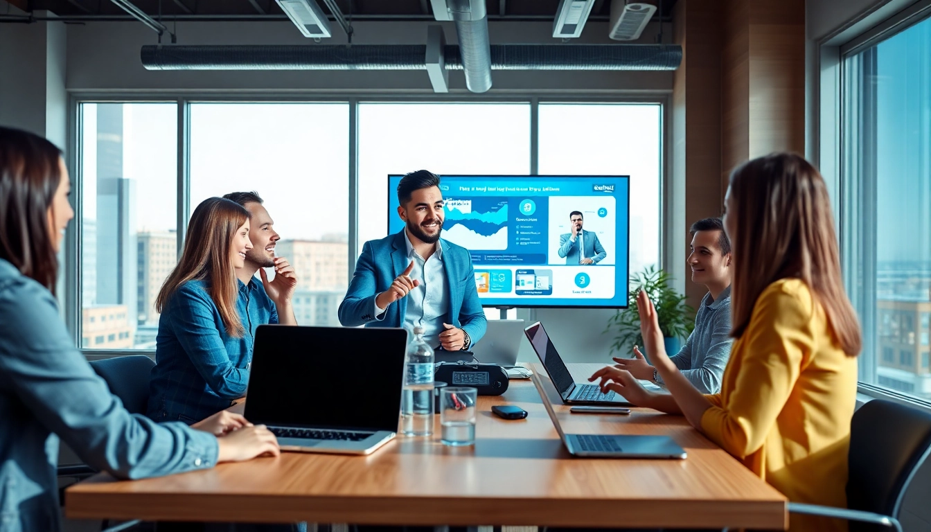 Engaged team discussing small business phone systems in a modern office setup.