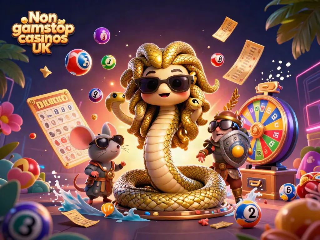 Engage with Non gamstop casinos UK featuring colorful lottery balls and a fun Medusa character.