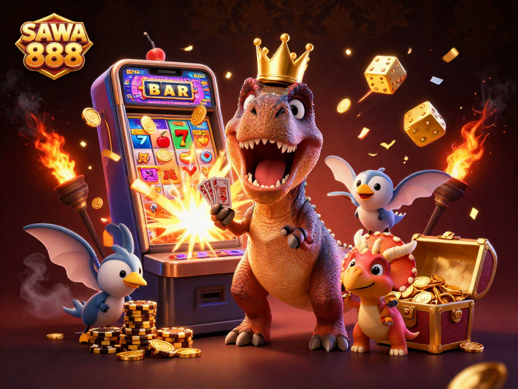 Experience thrilling gameplay with SAWA 888 in this vibrant 3D casino scene featuring fun characters and jackpots.