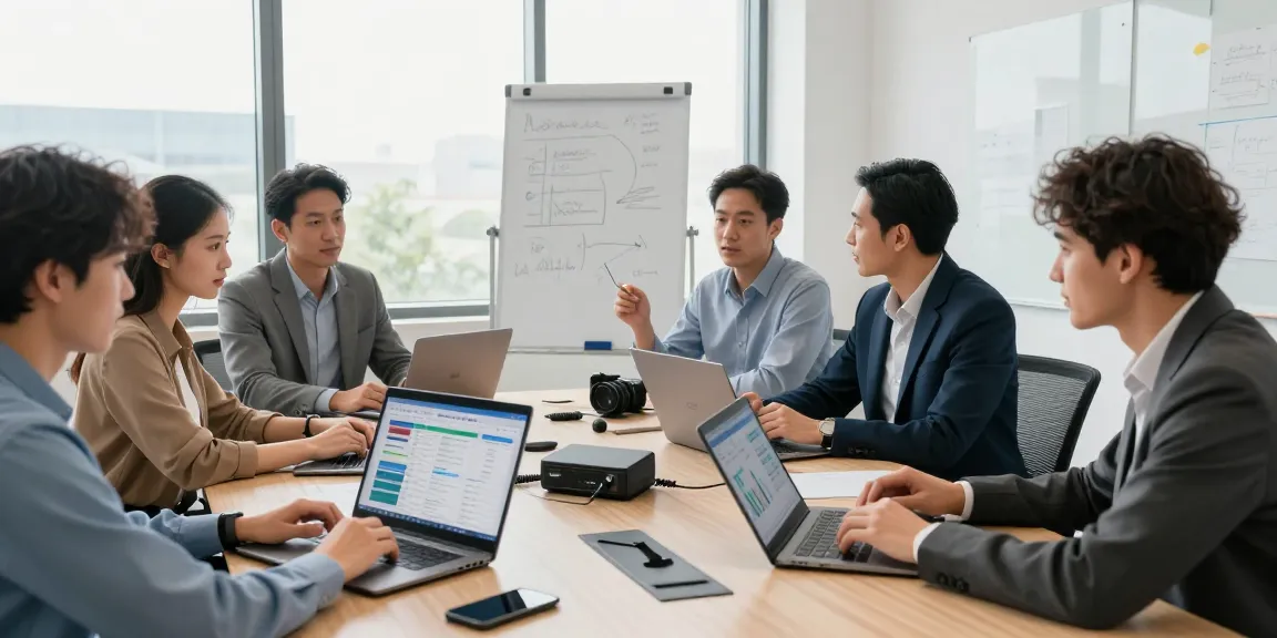 Office business phone systems discussion in a modern conference room with a diverse team collaborating.