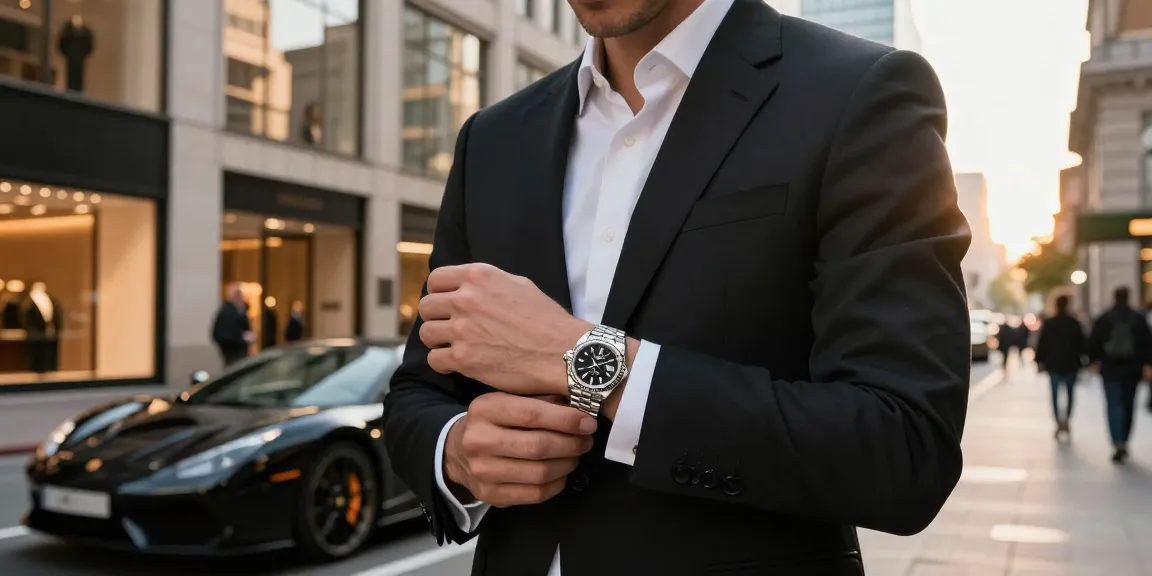 Person adjusting a Rolex replica watch in an upscale urban setting during golden hour, exuding elegance and sophistication.