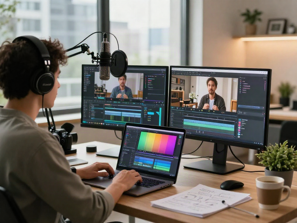 Engaging nsfw content creation in a modern home office with vibrant displays and cozy ambiance.