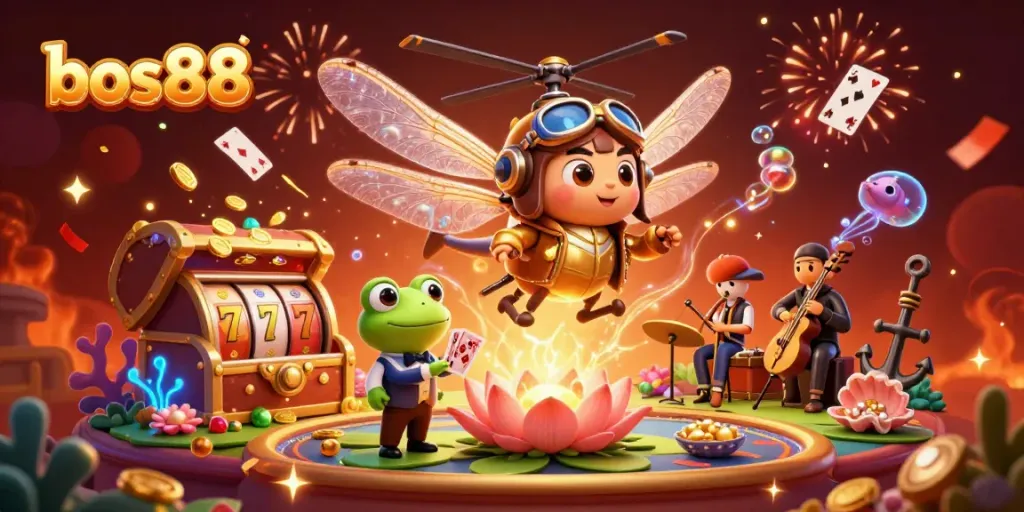 Experience the excitement of bos88 with a thrilling 3D casino scene featuring jazz, cards, and slot elements.