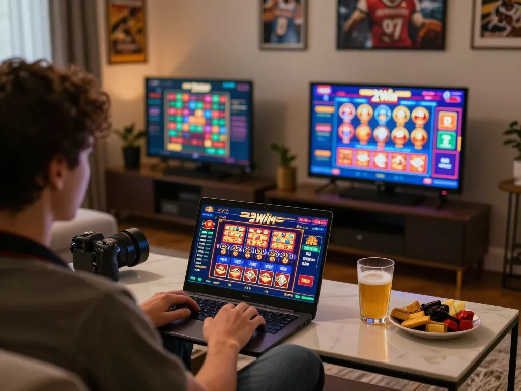 Playing 23win online casino games from a cozy home setup, highlighting interactive gameplay.