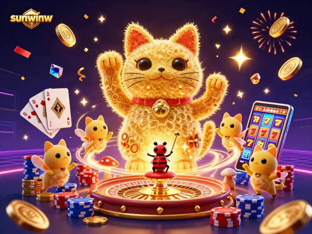 Spin to win with vibrant sunwinw slots showcasing golden fireflies and dynamic casino elements.