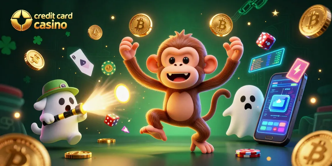 Engage with the credit card casino scene as a playful monkey juggles gold items in a haunted atmosphere.