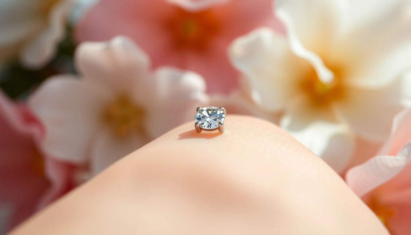 Admire this elegant diamond nose stud accentuating beauty against a floral backdrop.