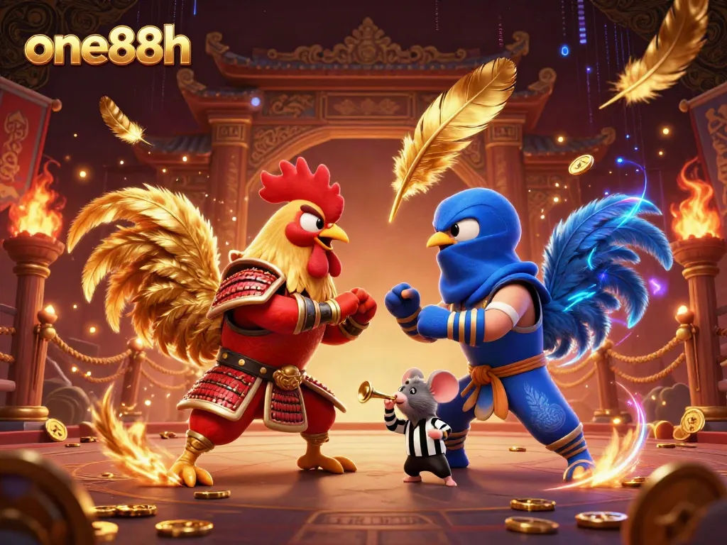 one88h gaming scene with 3D fighting roosters in a vibrant casino atmosphere