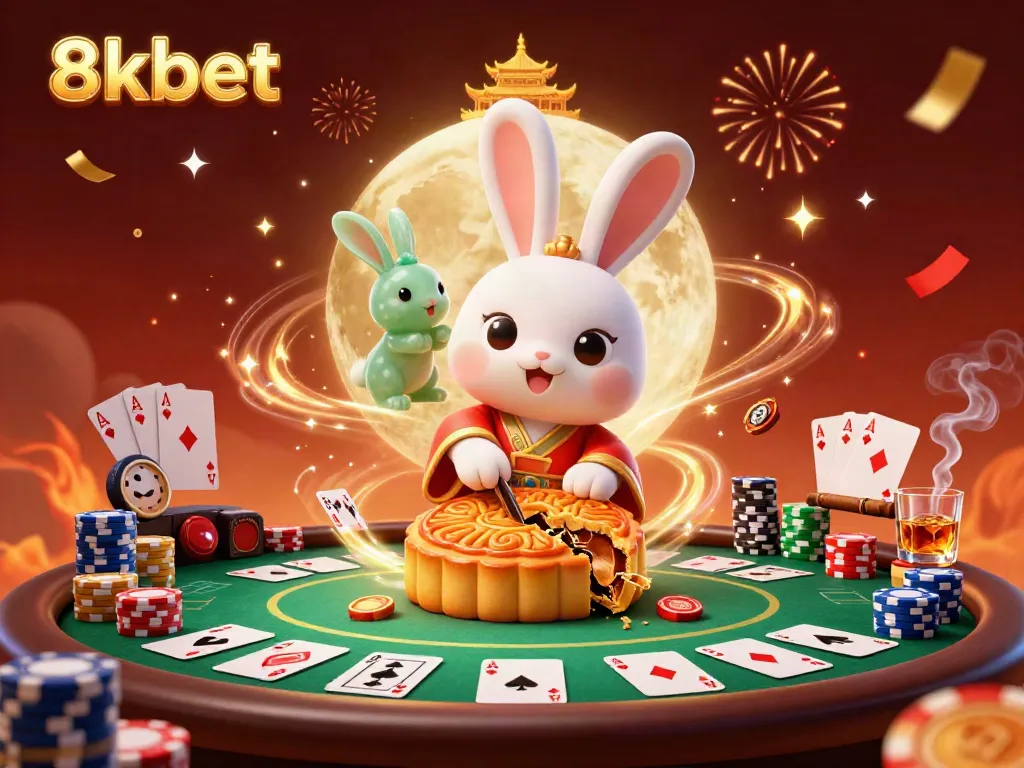 Experience the excitement of 8xbet with a moon rabbit celebrating casino wins on the lunar surface.
