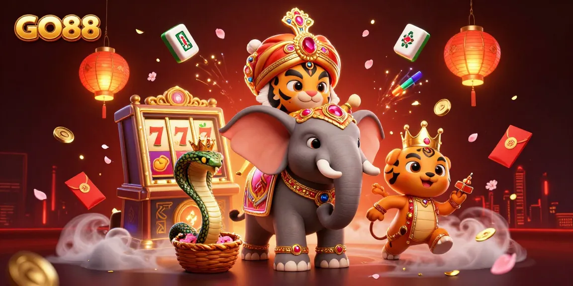 Experience thrilling gaming action at GO88 with vivid characters, slot reels, and festive elements in an engaging scene.