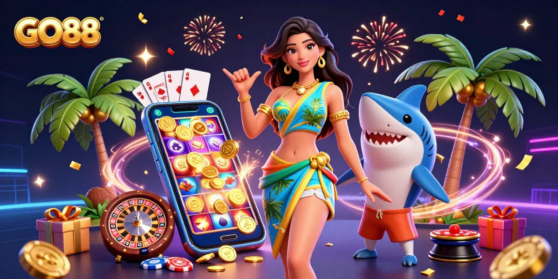 Experience the excitement of GO88 with a stunning scene of a glamorous woman and a surfer shark amidst casino elements.