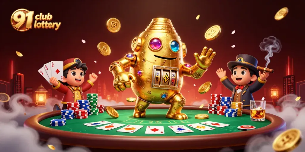 Engage with the 91 club lottery through a dynamic 3D scene featuring golden elements and poker details.