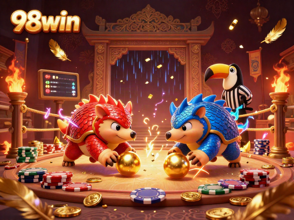 Experience the thrill of 98win as rival pangolins compete in an elaborate casino battle.