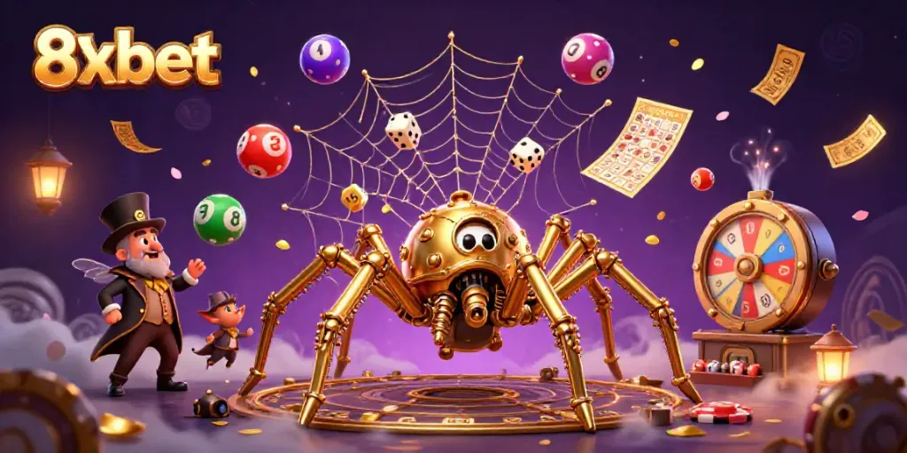 Experience thrilling gaming with 8xbet, featuring golden spider, vibrant lottery balls, and dynamic casino elements.