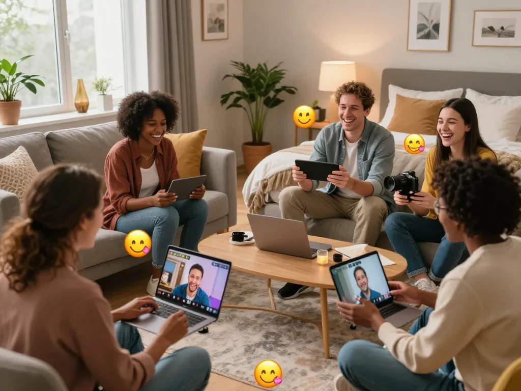Diverse adults engaging in sexchat in cozy home environments, showcasing lively online interactions.
