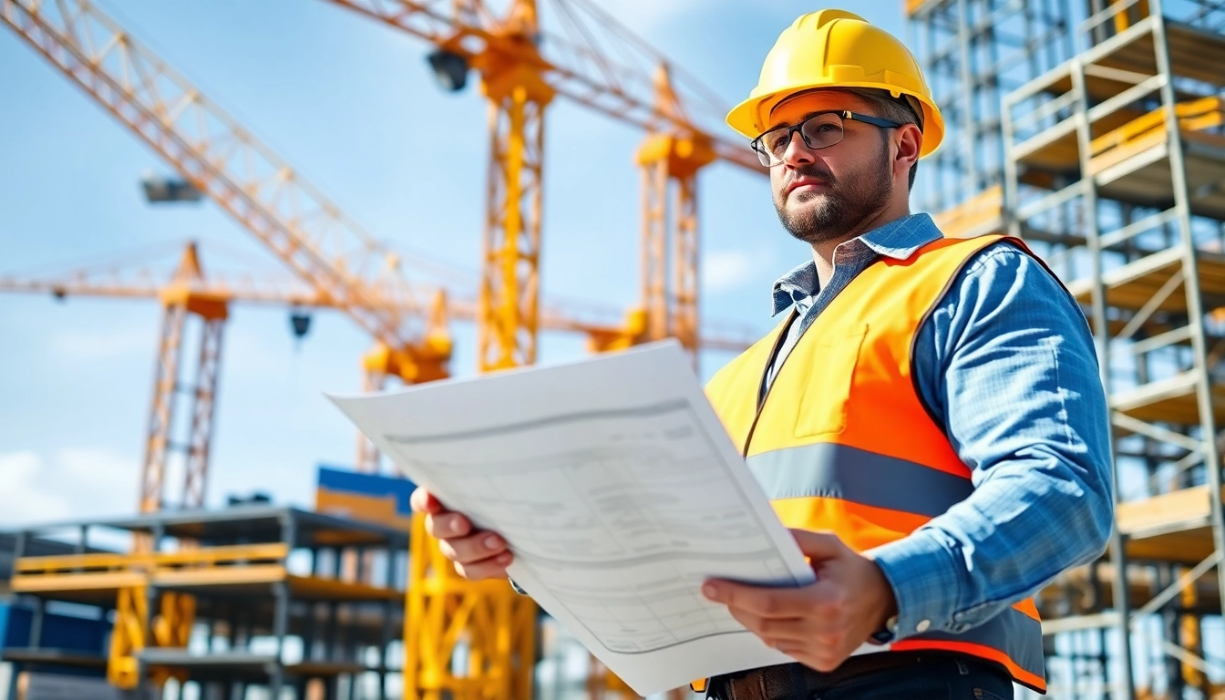 New Jersey Construction Manager supervising a construction site with blueprints under bright light.