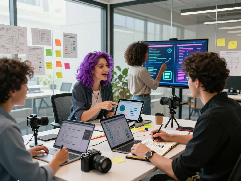 NSFW content creation team collaborating in a vibrant digital workspace