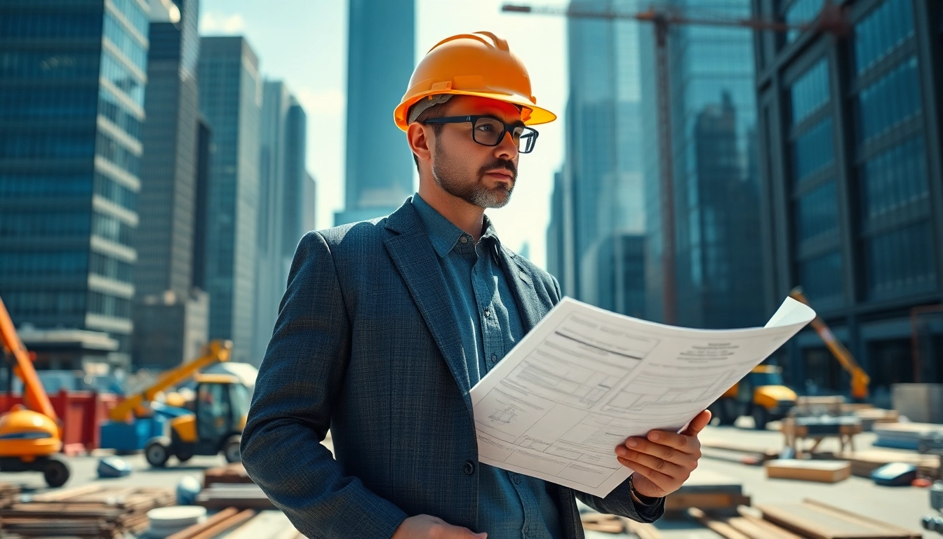 New York Construction Manager confidently supervising an active urban construction site with blueprints and machinery.