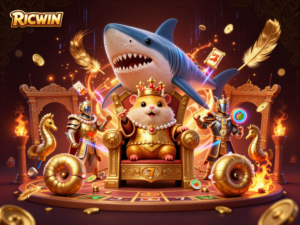 Playing at RICWIN casino with vibrant characters amidst gold coins and slot reels.