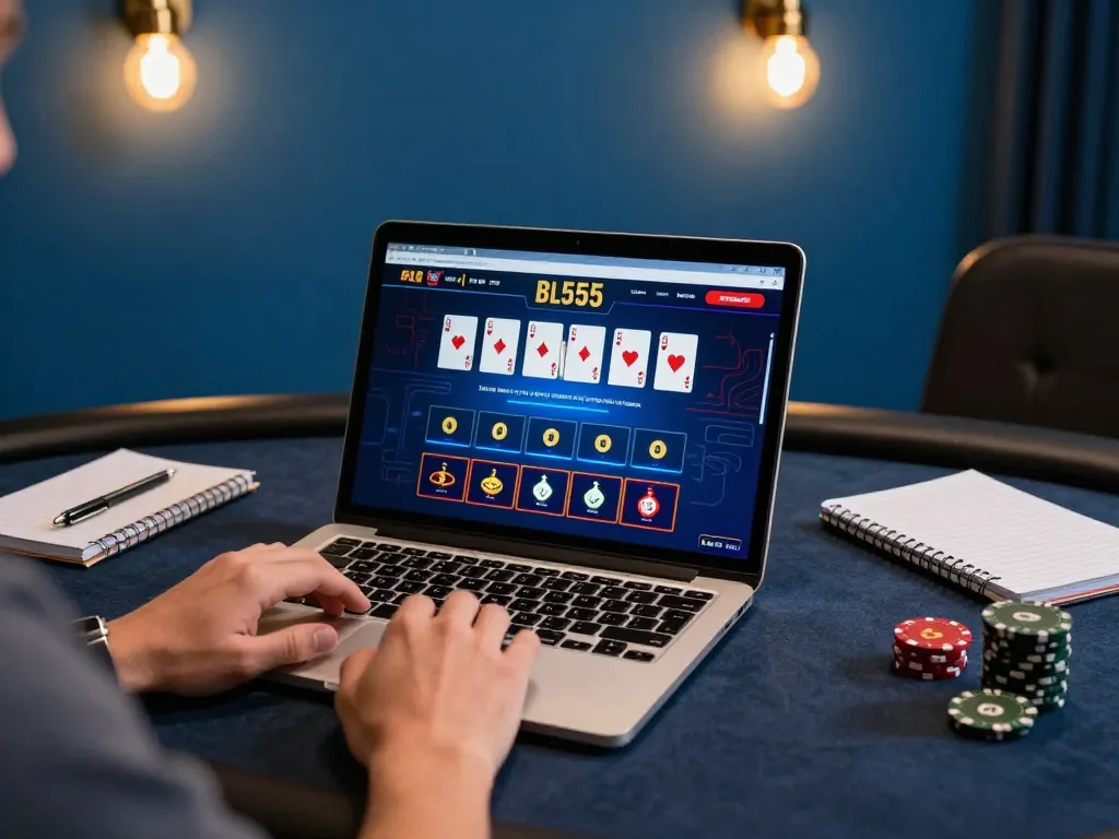 Engaging with BL555 online casino interface on laptop, showcasing strategic gameplay.