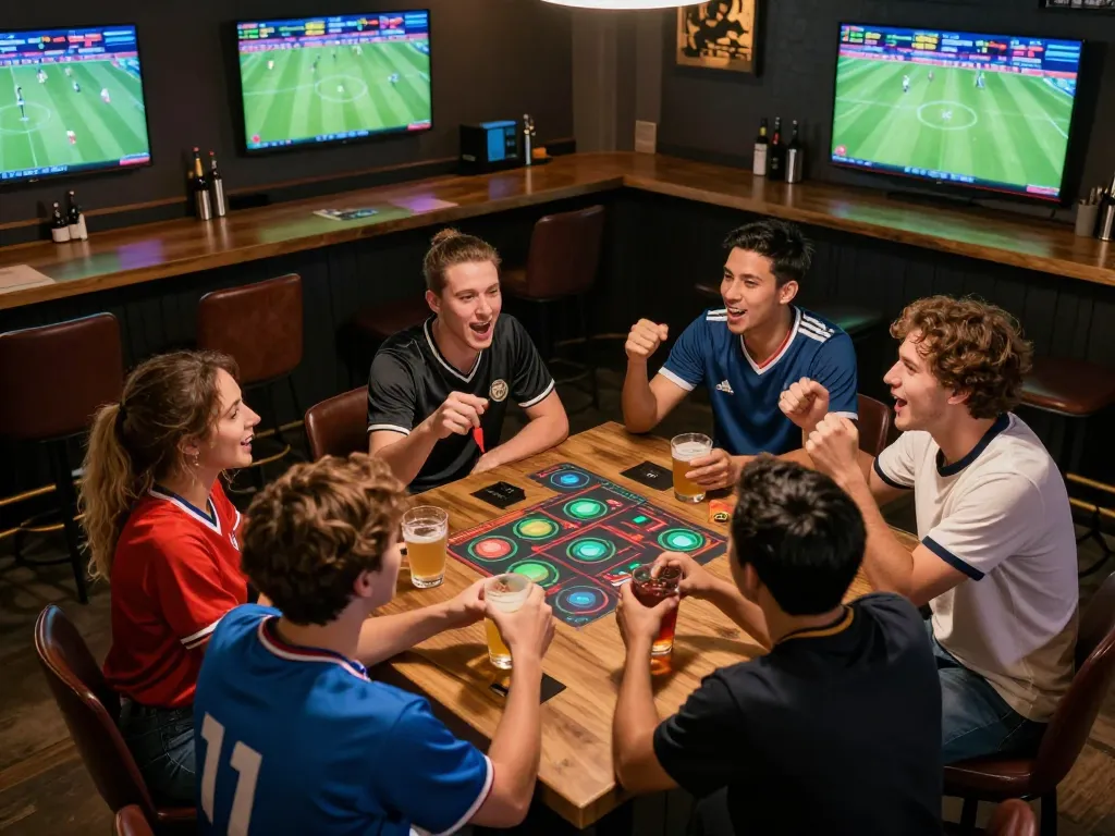 Friends placing sports bets and cheering at a lively venue, showcasing 98win9 gaming excitement.