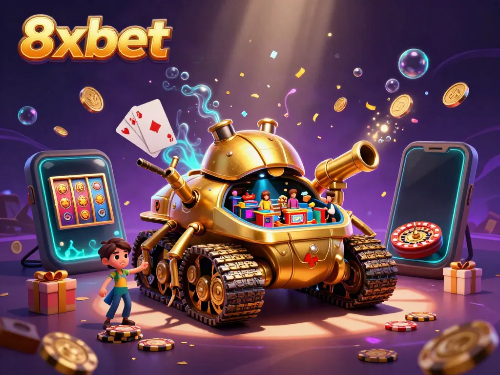 Join the excitement of 8xbet with this vibrant illustration showcasing a golden beetle tank casino and dynamic game elements.