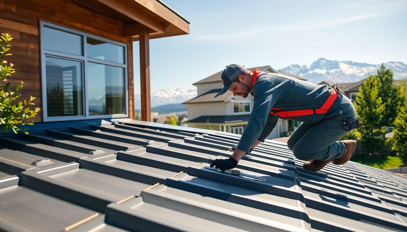 Installing metal roofing calgary with skilled professional among beautiful homes.