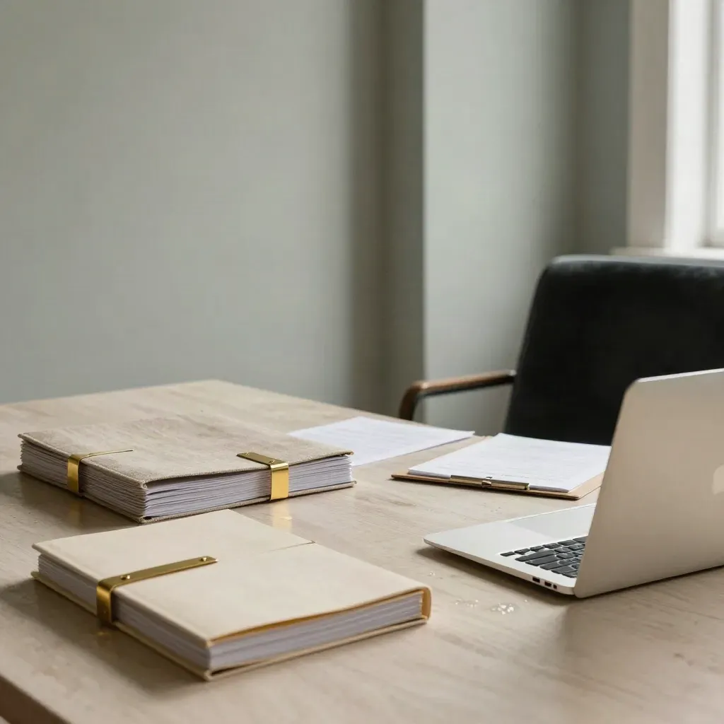 Moody coaching studio corner with notebooks, brass dividers, folders, closed laptop and velvet chair