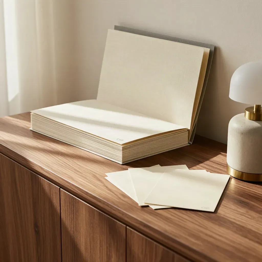 Startup planning materials on a walnut sideboard under morning light, with folders, chips and a ceramic lamp.