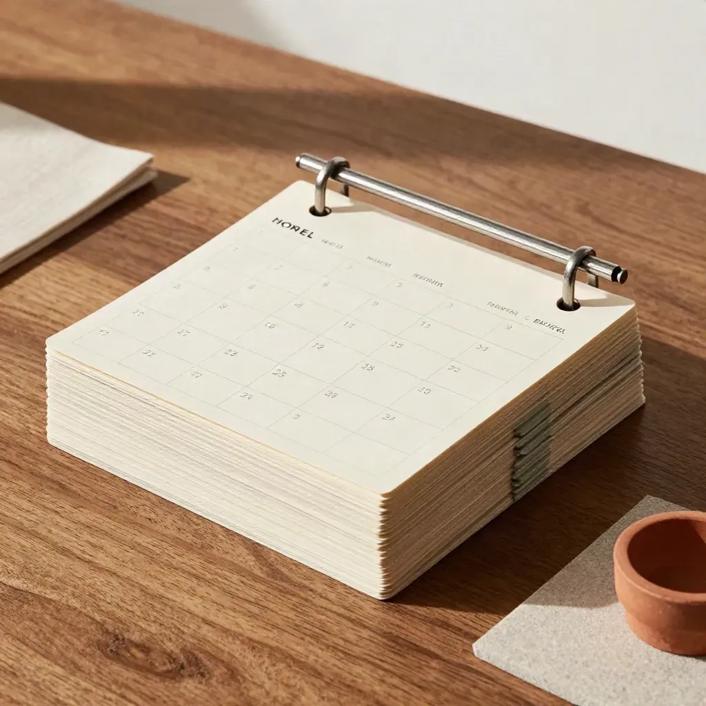 Cream planning cards and color tabs aligned on a walnut desk in soft daylight.