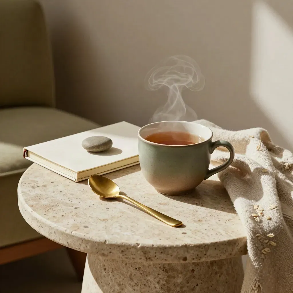 Steam rises from tea beside a closed notebook, smooth stone, and draped throw on a round table.