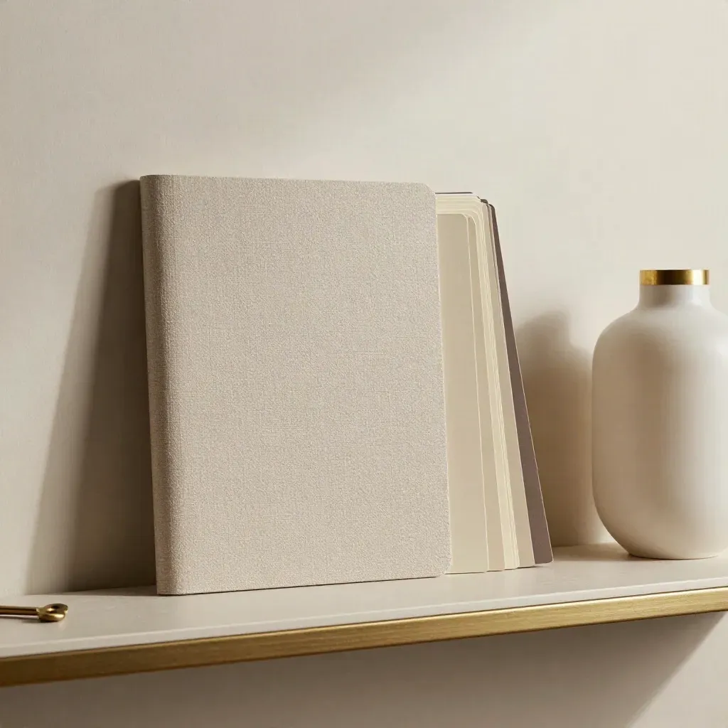 Pared-back brand shelf with swatch fan, folder and sculptural vase in moody light.