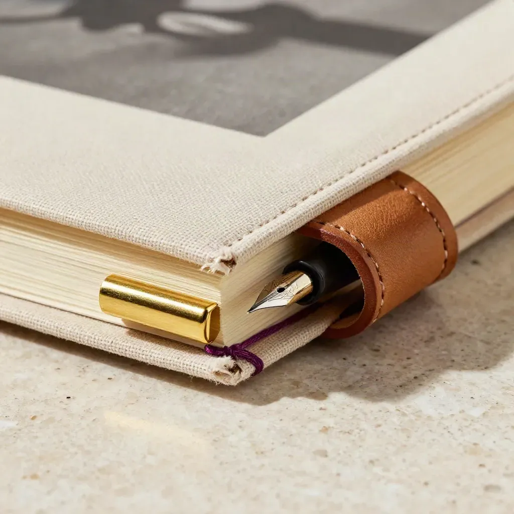 Macro of a linen-bound strategy notebook with brass marker, nib and worn leather tab.