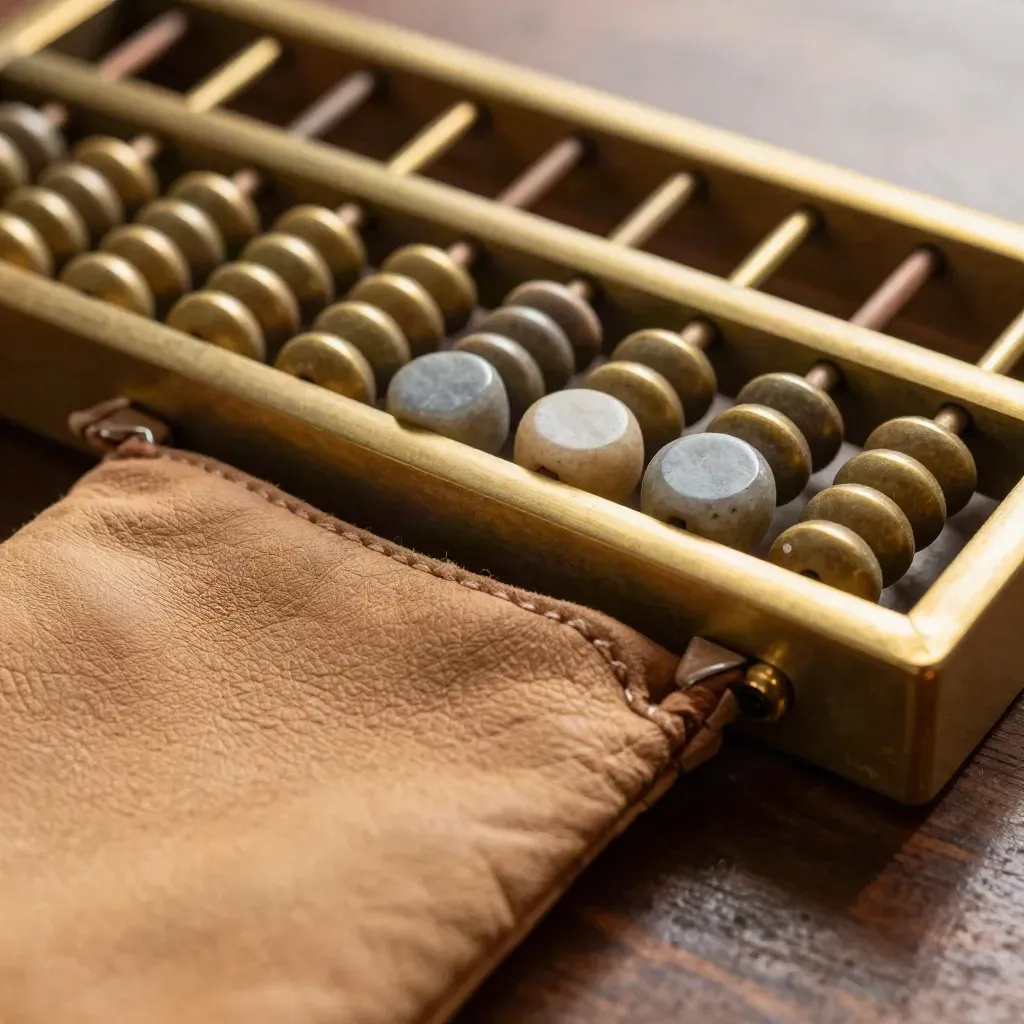 Brass abacus, stone tokens and leather pouch on dark walnut under raking light.