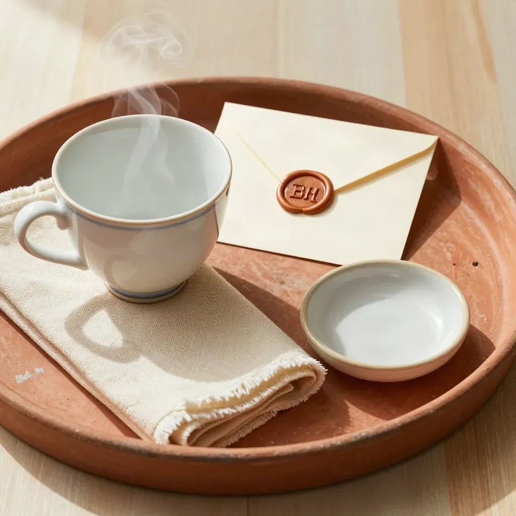 Overhead still life of a steaming teacup, linen napkin, wax-sealed note, and ceramic dish on a tray.