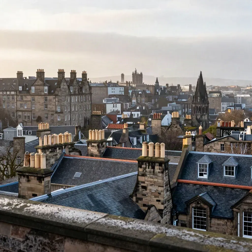 Dawn view of Edinburgh rooftops in mist with calm empty haze below for copy