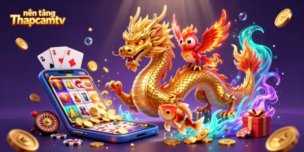 Experience the excitement of nền tảng Thapcamtv with a lively 3D casino scene featuring brilliant characters and gaming elements.