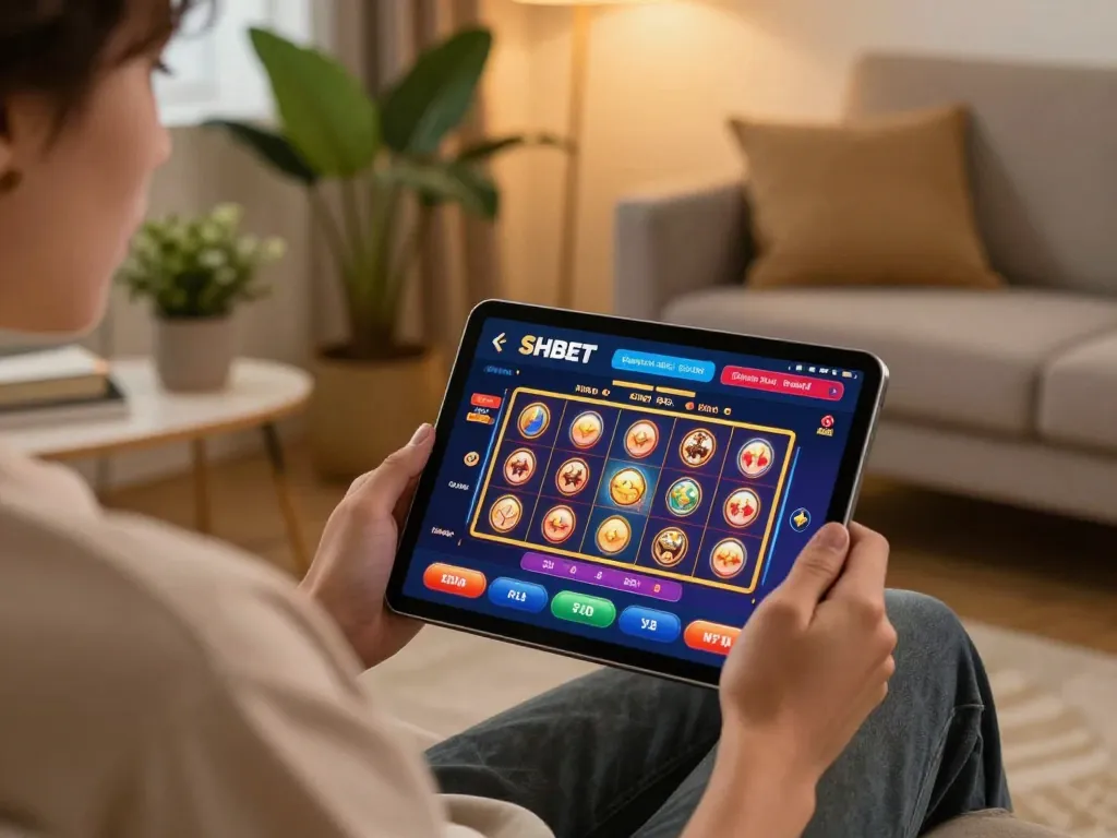 Engaged player using SHBET to explore online betting options on a tablet in a cozy home environment.